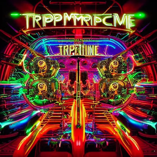 Image similar to album cover, album is called tripmachine, tripmachine, photo of a huge steampunk machine made of guitars and drums and pianos, connected with glowing tubes 8 k, fluorescent colors, halluzinogenic, multicolored, exaggerated detailed, front shot, 3 d render, octane