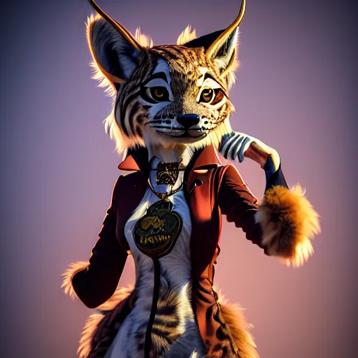 Prompt: anthropomorphic lynx fursona bowing, standing with her back, wearing steampunk suit with lynx head, tail, paws, no boots, by tanidareal, irakli nadar, view from behind, intricate linework, unreal engine, photorealistic 3 d render, furry art, furaffinity, bright sun backlight, red fur, thin legs