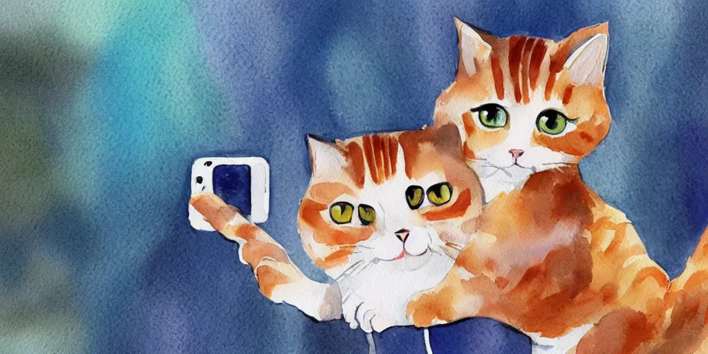 Image similar to watercolor illustration style, cute cat call to another cat by mobile phone