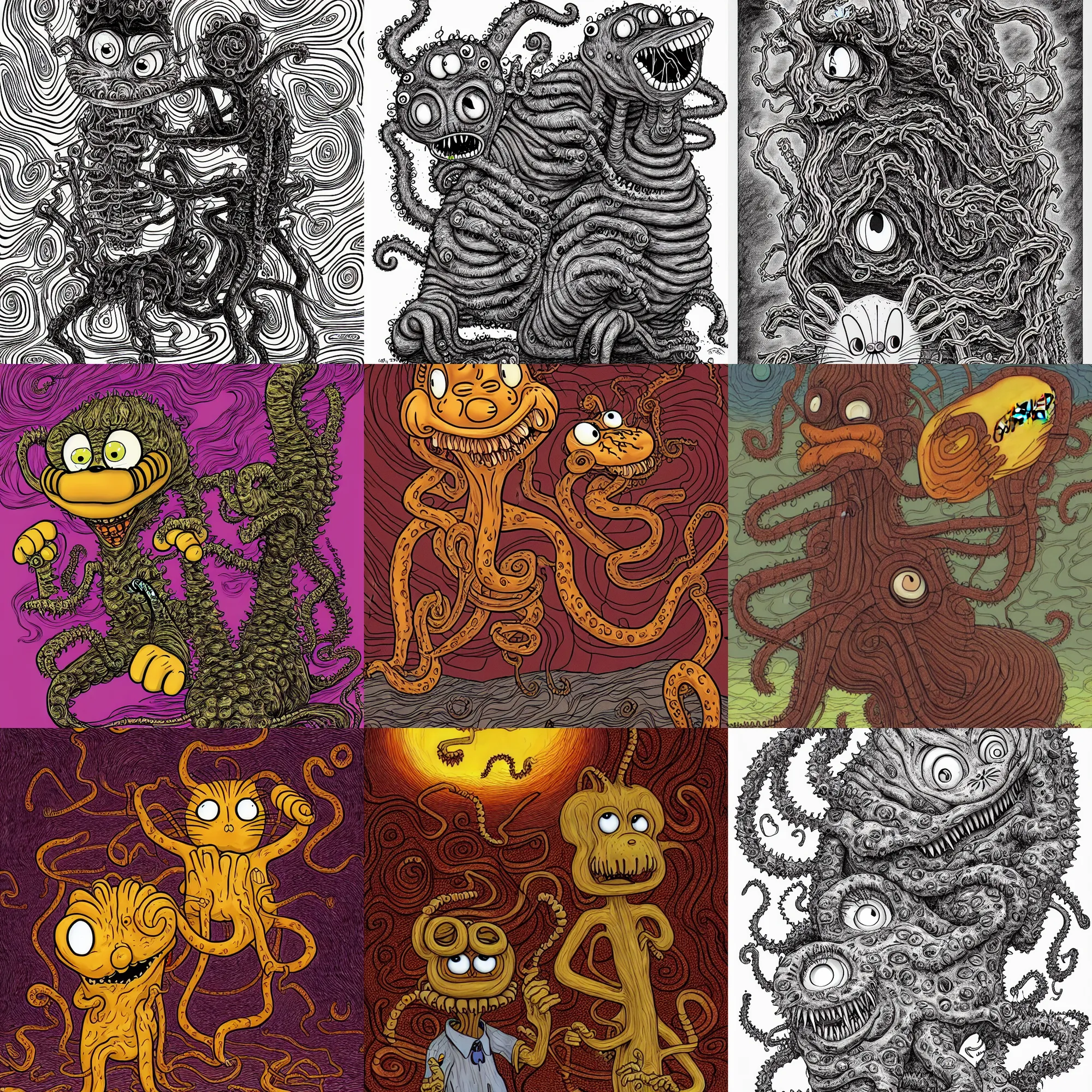 Prompt: Garfield as an eldritch abomination, illustrated by Junji Ito, Lovecraftian, digital art, line art, 4k, 8k, highly detailed