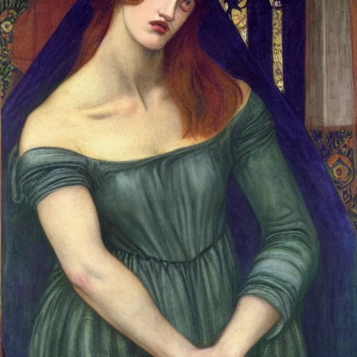 Image similar to The Sorrowful Qween Gwyneth by Dante Gabriel Rossetti, oil on canvas, realist quality