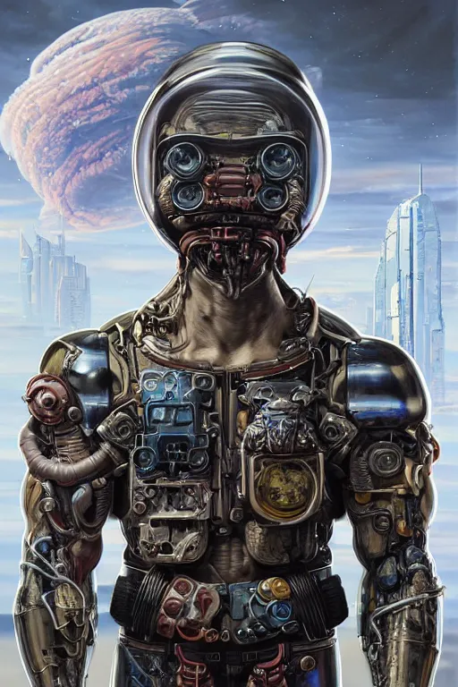 Prompt: a portrait of a muscular anthropomorphic cyberpunk amphibian in spacesuit armor with ensignia on chest plate by sandra chevrier, by jon foster, detailed render, post - processing, extremely hyperdetailed, intricate, epic composition, cybernetics, 4 k realistic, cryengine, realistic shaded lighting, sharp focus, masterpiece, by enki bilal