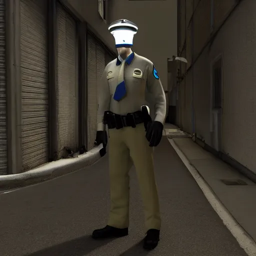 Prompt: furry anthro 3d source engine render 4k police officer anthropomorphic white wolf in blue uniform standing under a streetlamp in an alley at night half life