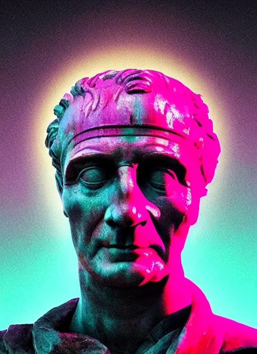 Image similar to statue of julius caesar with a skull, beeple, vaporwave, retrowave, abstract neon shapes, posterization, black background, glitch, pixel sorting, strong contrast, pinterest, trending on artstation