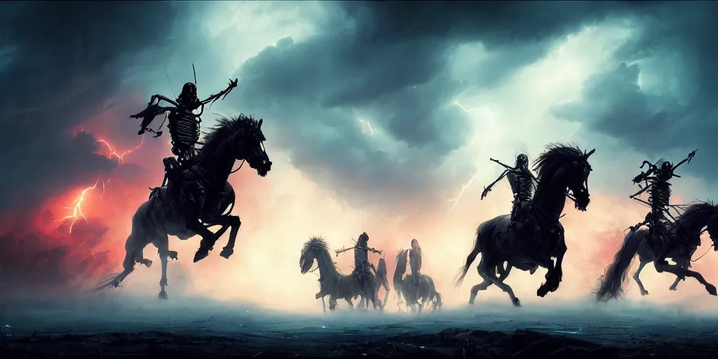 Image similar to ”four horsemen of the apocalypse riding skeleton horses towards the camera [epic, cinematic, scary, intimidating, horror, war, battle, hell, storm clouds, lightning, octane render, 8k, mattepainting, art by wlop and paul lehr and greg rutkowski]”