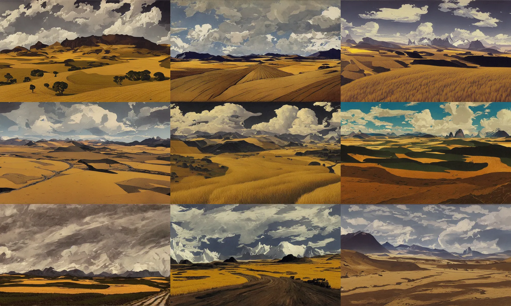 Prompt: painting of landscape of patagonia, hurricane, road between hills, thunder clouds, wheat fields, forests, pastoral, from a bird's eye view, unsaturated and dark atmosphere, evening, artwork by georgy nissky and alfred joseph casson and isaac levitan