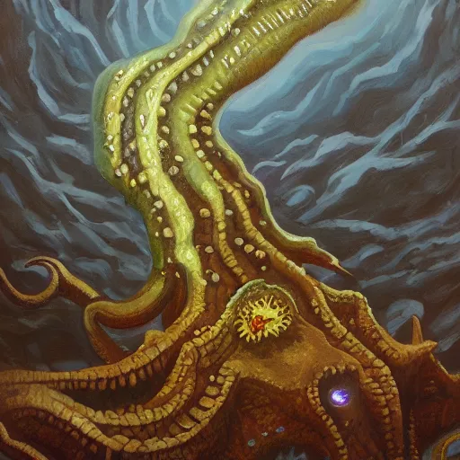 Image similar to a continent in the shape of a lovecraftian old god protruding from the earth oil painting. oil on canvas. award winning. dramatic. trending on artstation 8 k