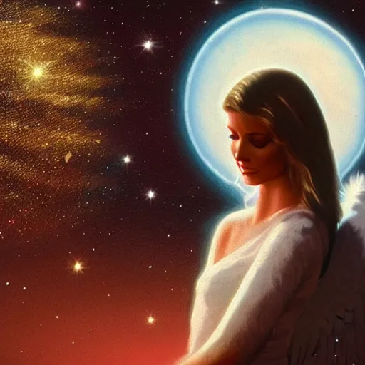 Image similar to Olivia Newton John as a beautiful angel looking at earth from heaven, trending on artstation,
