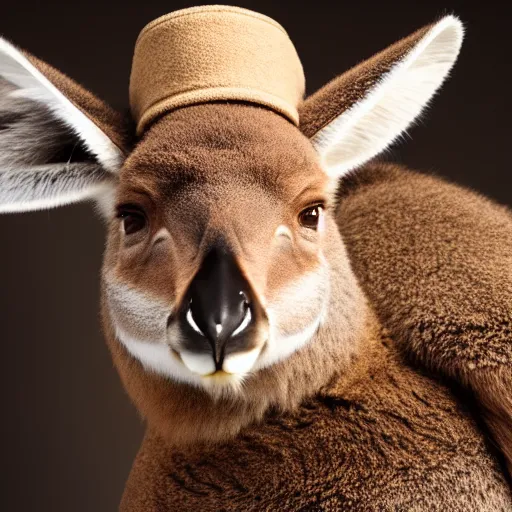 Image similar to a photo of a buff kangaroo wearing a safari hat and vest, studio photography, 8 k