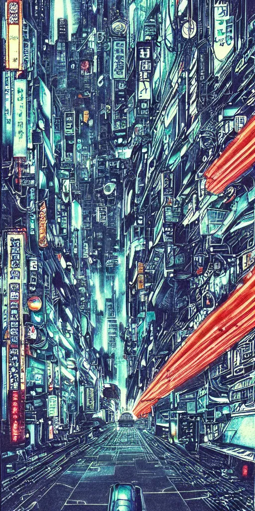 Image similar to beautiful and detailed anime drawing of an AKIRA-like cyberpunk city landscape with light trail from a motorcycle at the bottom and a bridge silhouette at the top, japan at night, 1980s, by Katsuhiro Otomo and mamoru oshii, wide angle, worm\'s eye view, grand, clean, colorful