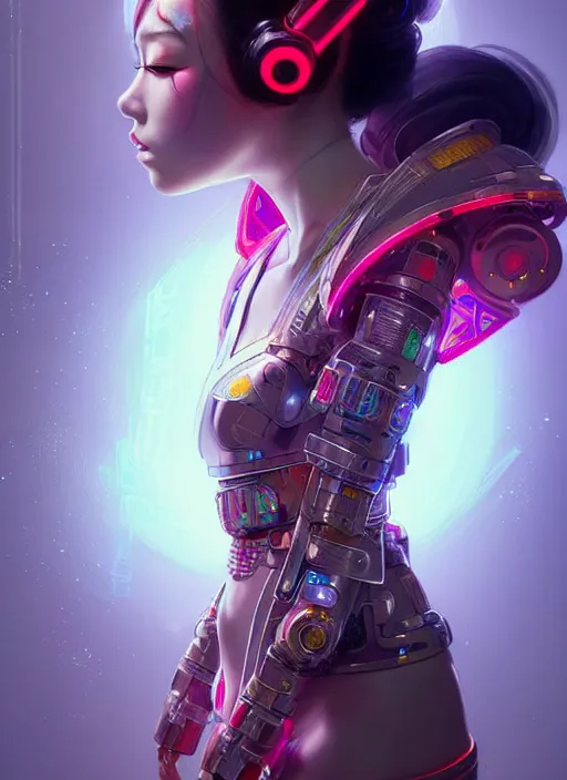 Image similar to portrait of female japanese android wearing a vr headgear and in an elaborate kimono dress, hologram hovering around her, intricate detail, cyber neon lighting, highly detailed, beautiful wide angle photography, artstation, glamor pose, concept art, art by peter mohrbacher, pinterest, artstation,