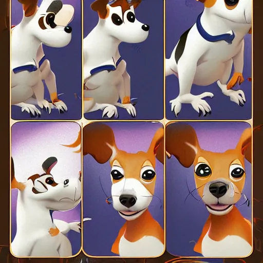 Prompt: jack russel terrier character surprised, pixar, disney, concept art, character sheet, trending on artstation, graphic novel, childrens illustrated storybook, by alphonse mucha and cory loftis and matthias lechner