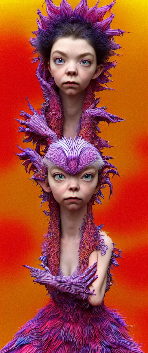 Image similar to hyper detailed 3d render like a Oil painting - kawaii portrait of two Aurora (a beautiful skeksis muppet fae princess protective playful from dark crystal that looks like Anya Taylor-Joy) seen red carpet photoshoot in UVIVF posing in scaly dress to Eat of the Strangling network of yellowcake aerochrome and milky Fruit and His delicate Hands hold of gossamer polyp blossoms bring iridescent fungal flowers whose spores black the foolish stars by Jacek Yerka, Ilya Kuvshinov, Mariusz Lewandowski, Houdini algorithmic generative render, Abstract brush strokes, Masterpiece, Edward Hopper and James Gilleard, Zdzislaw Beksinski, Mark Ryden, Wolfgang Lettl, hints of Yayoi Kasuma and Dr. Seuss, octane render, 8k