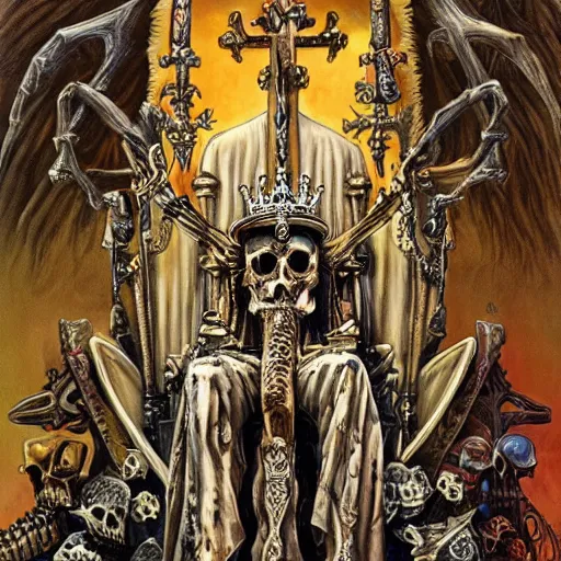 Image similar to beautiful painting of the queen of bones by a cemetary, sitting on a throne, detailed face, with a crown of skulls, skull earings, painting by jean giraud, jeff easley