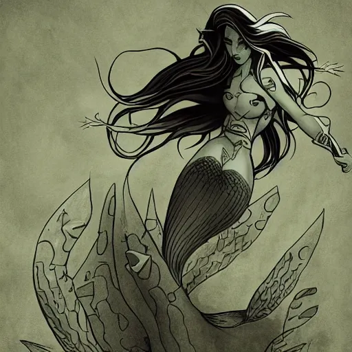 Image similar to grimdark little mermaid ariel action hero, detailed masterpiece digital art, dark tone