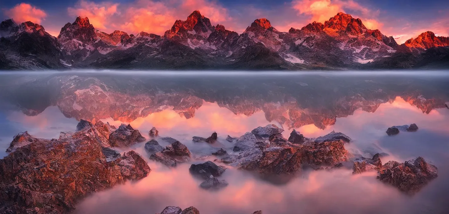 Image similar to amazing landscape photo of mountains with lake in sunset by marc adamus, beautiful dramatic lighting