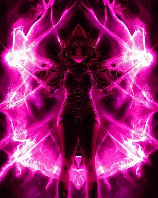 Prompt: pyromancer devil girl cover in purple death flames, deep pyro colors, purple laser lighting, award winning photograph, radiant flares, intricate, various refining methods, micro macro autofocus, evil realm magic painting vibes