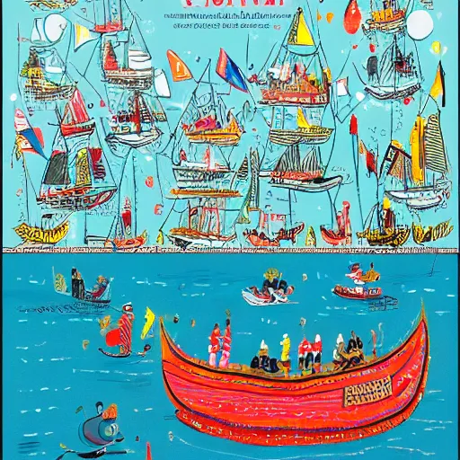 Image similar to rich people and poor people have a boat party, high resolution artistic photograph, bokeh, 4 k, majestic, by vogue magazine, by richard scarry and quentin blake