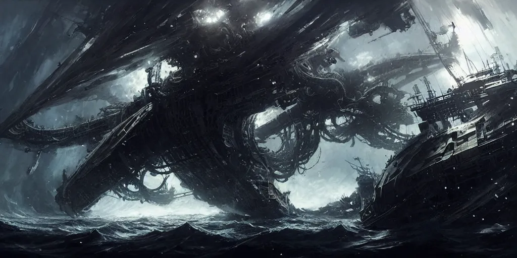 Prompt: ship being destroyed by a giant kraken sea monster, a lot of tentacles, chaos, view from above. In style of Yoji Shinkawa and Hyung-tae Kim, trending on ArtStation, Greg Rutkowski, dark fantasy, great composition, concept art, highly detailed, scenery.