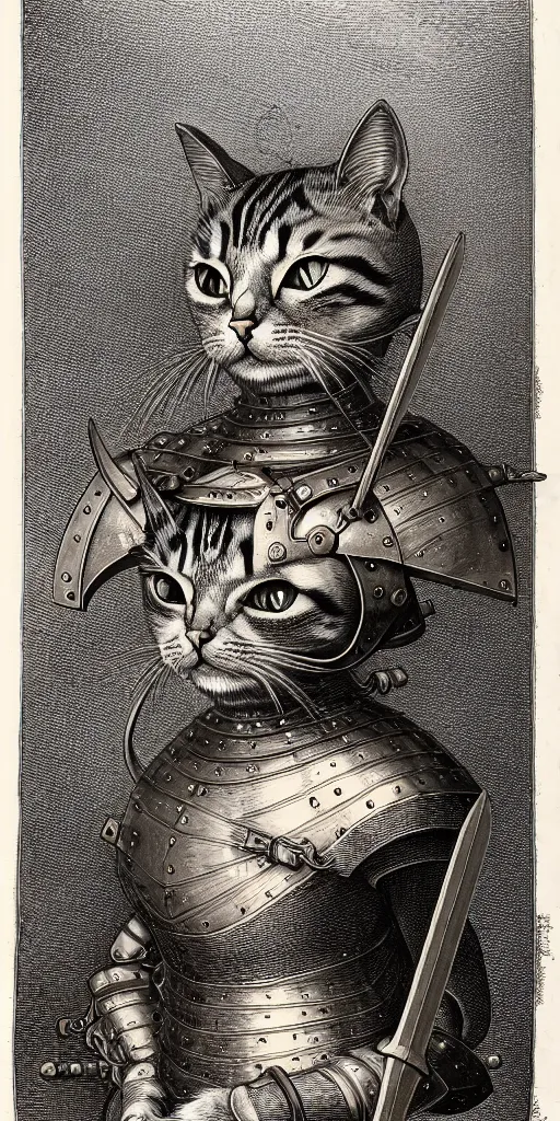 Image similar to engraving portrait of humanoid cat in medieval armoury by gustave dore. trending on deviant art, street art, chillwave, maximalist, full of color, glittering, 8 k, hd