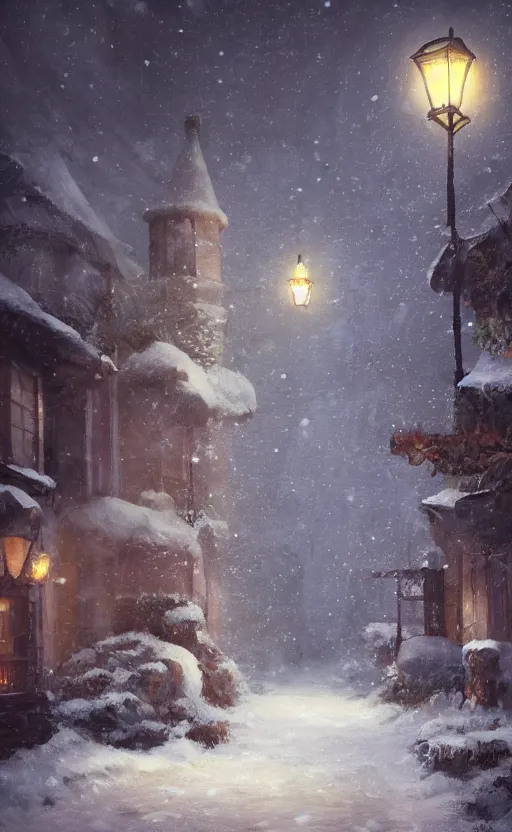 Image similar to a blurry ambient lantern in the distance of a snowy village at night, dynamic lighting, ambient lighting, atmospherical, photorealistic fantasy concept art, trending on art station, stunning visuals, creative, cinematic, ultra detailed