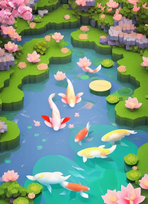 Image similar to sparkling pastel cute voxel art of a koi pond, behance, artstation, cute, Japanese, 3d render, unity, beautiful lighting, extremely beautiful, very beautiful award winning art Huang Guangjian and Gil Elvgren and Sachin Teng , Greg Manchess