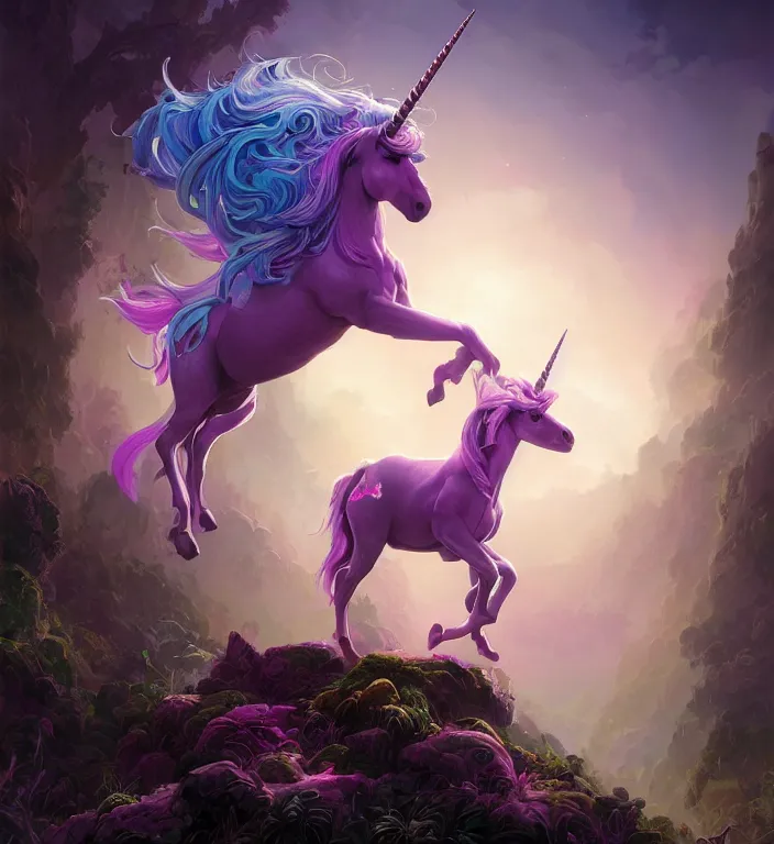Image similar to a majestic unicorn with a human female body + purple hair and elf ears, backlit, strong rim light, highly detailed, digital painting, by Alvaro Castagnet + Peter Mohrbacher + Dan Mumford + vivid colors + high contrast, 8k resolution, intricate, photorealistic, smooth