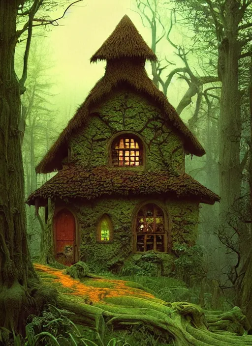 Image similar to hyper realistic witch cottage rococo in the woods gorgeous lighting, highly detailed, lush forest painting by zdzisław beksinski and norman rockwell and greg rutkowskiweta studio, and lucasfilm