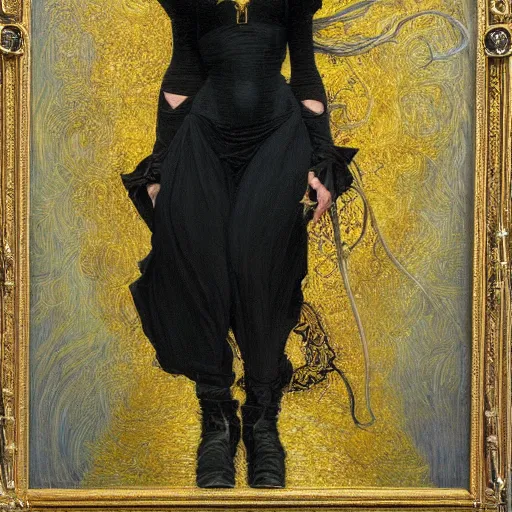 Prompt: a painting by donato giancola representing a witch dressed in black clothes embroidered with gold.