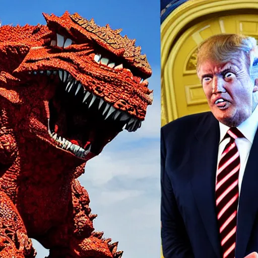 Prompt: giant robot joe biden and godzilla battle a hideously mutated lovecraftian donald trump at the eye of london