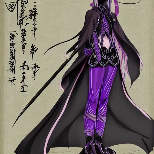 Prompt: an attractive anime female necromancer mage symmetrical, donned in black cloak with purple staff full view of character in frame