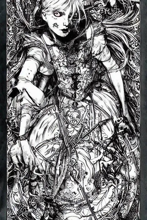 Prompt: Rave Alice in wonderland tarot card , pen and ink, intricate line drawings, by Yoshitaka Amano, Ruan Jia, Kentaro Miura, Artgerm, watercolor