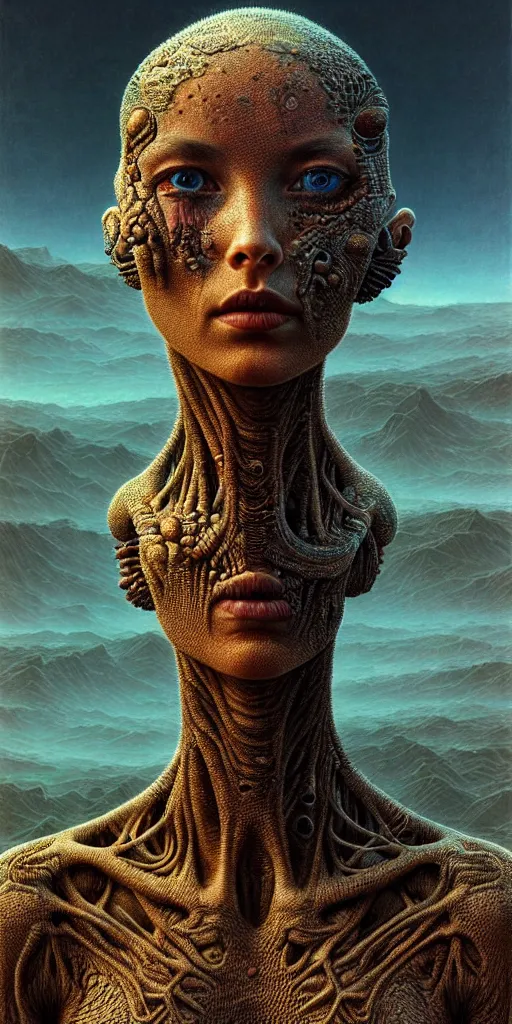 Prompt: ultra realist intricate detailed portrait of a single rugged attractive female on an alien lanscape, insanity, accurate features, apocalyptic, very intricate details, 8 k resolution, dim lighting, artstyle zdzisław beksinski and keith thompson, award winning