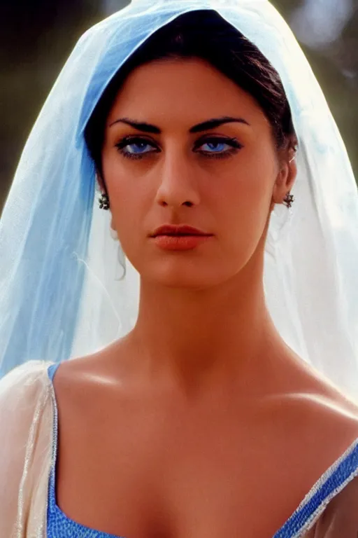 Prompt: young Monica Belluci as an Arab woman, tanned skintone, bright blue eyes, white veil, serious face, light blue dress, closeup portrait