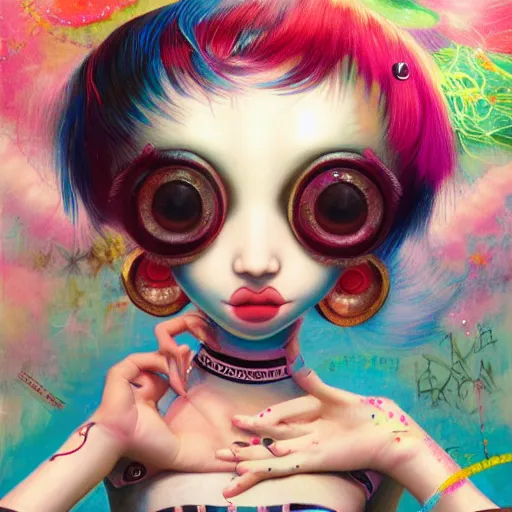 Prompt: Glitchpunk girl, painting by Mark Ryden and Artgerm and Margaret Keane and Yoshitomo Nara and Hikari Shimoda, detailed, 4K HD, trending on artstation