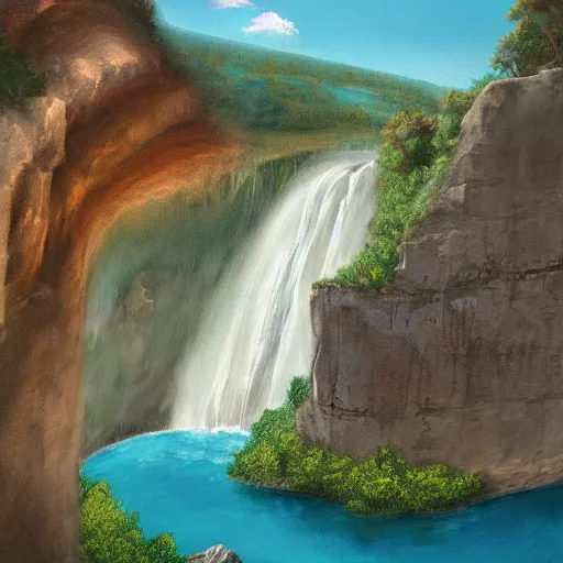 Prompt: Cliff with a waterfall, matte painting by Dylan Cole