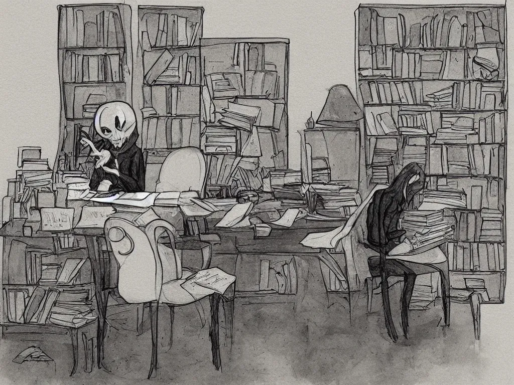 Prompt: detailed concept art of a ghost writing a book in an organized office, by Abigail Larson