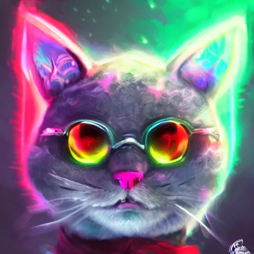 Image similar to close up of furious teemo from league of legends as a grey american shorthair cat, vivid color, neon color, intricate detail, digital painting, particles floating, whimsical background by marc simonetti, artwork by ross tran + ramond swanland + liam wong