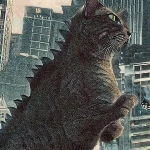 Image similar to cat, Godzilla, destroy city