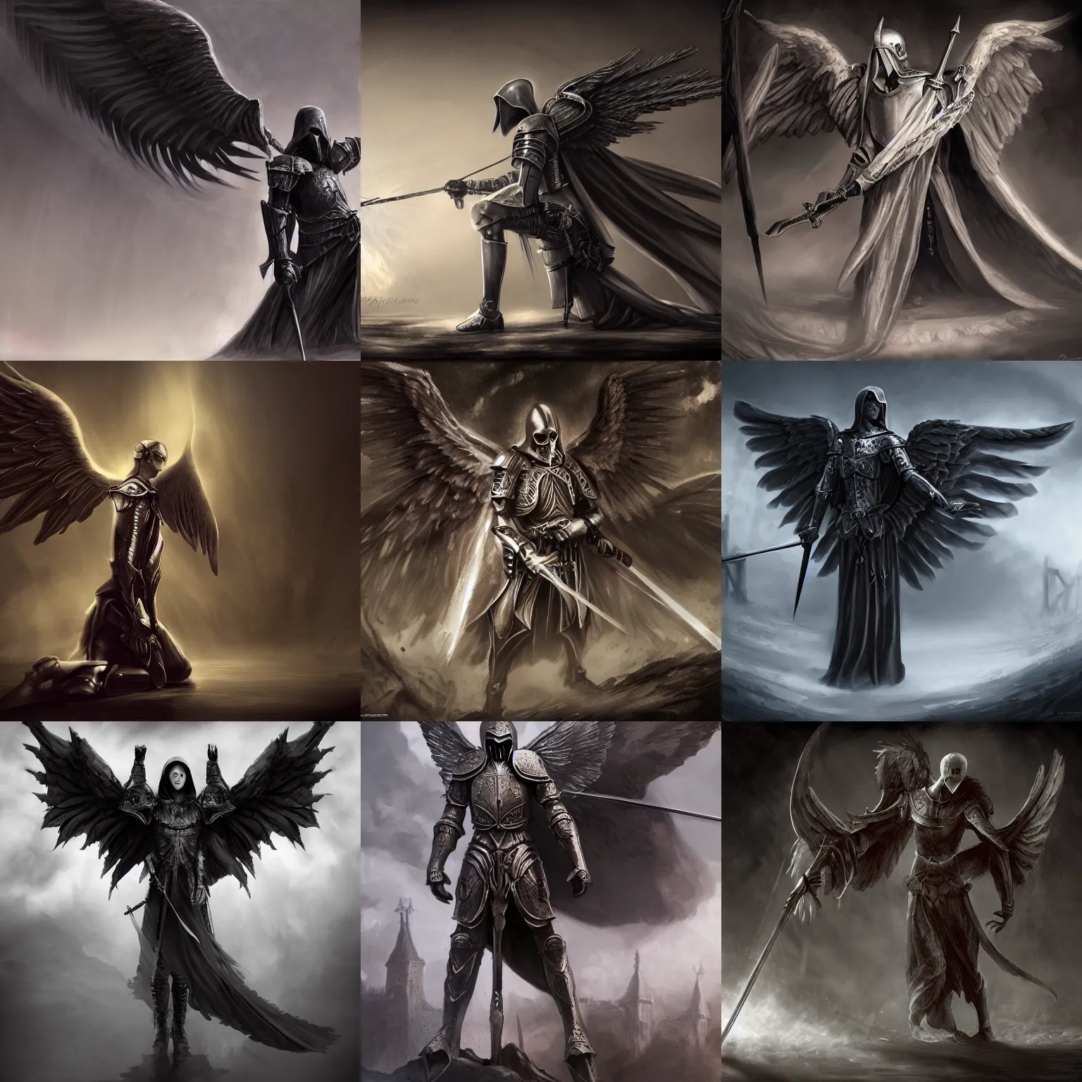 Prompt: angel of death wings spread hovering above kneeling knight, 4k ultra hd, dark concept art