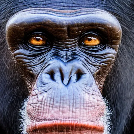 Image similar to a hyper realistic photo close up of a chimpanzee warrior staring fiercely into the camera. it is wearing very detailed and engraved samurai armor. award - winning 4 k photograph, strong contrast