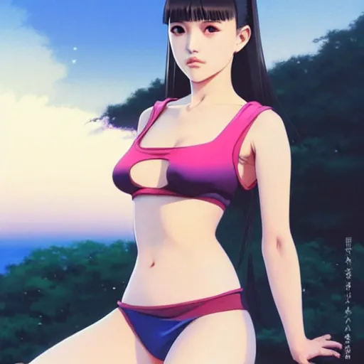 Image similar to a beautiful young japanese natalie portman alluring gravure model in crop top, large chest, by ilya kuvshinov and artgerm, aesthetic, gorgeous, alluring, attractive, gapmoe yandere grimdark, trending on pixiv fanbox, painted by greg rutkowski makoto shinkai takashi takeuchi studio ghibli, akihiko yoshida