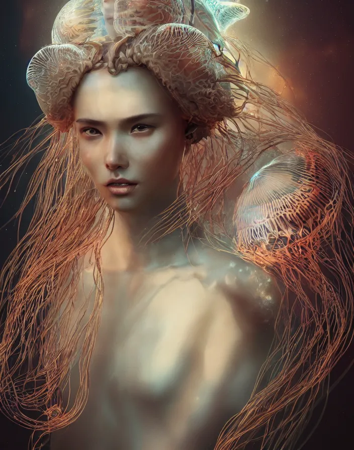 Image similar to goddess portrait. jellyfish phoenix head. intricate artwork by Tooth Wu and wlop and beeple. octane render, trending on artstation, greg rutkowski very coherent symmetrical artwork. cinematic, hyper realism, high detail, octane render, 8k