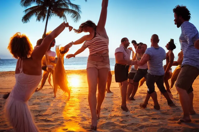 Image similar to animals and humans dancing at a party at the beach, drinking, food, bar, music, resort, praising the sun, golden hour, cinematic, atmospheric, 8k resolution, Hyperrealistic