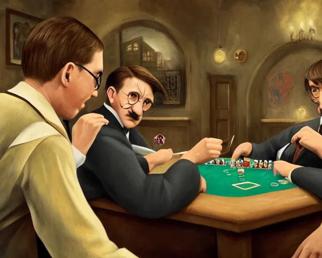 Image similar to daniel raddclife as harry potter and adolf hitler playing poker together, highly detailed, sharp focus, 8 k