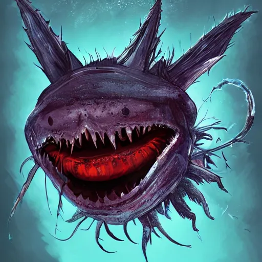 Prompt: Angler fish infected by WAU, Soma game, game concept art, illustration, horror aesthetic, unreal