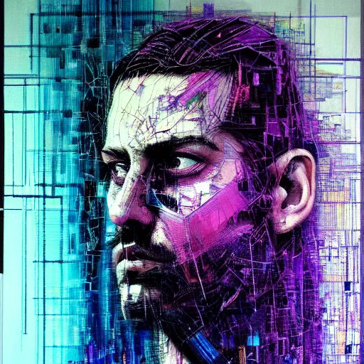 Prompt: hyperrealistic portrait of a cyberpunk character, adult man, long hair, by Guy Denning, Johannes Itten, Derek Gores, Russ Mills, glitch art, fine detail, polished, computation, complex, hacking effects, holographic, digital tech effects, blue and violet, color blocking!, realistic, acrylic on canvas, concept art, abstract!, symmetrical, 8k, concept art, octane, photorealistic, cgsociety, trending on artstation