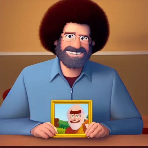 Prompt: A portrait of bob ross in the style of pixar’s movie Up (2009)