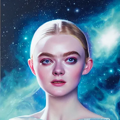 Prompt: a striking hyper real painting of Elle Fanning in space by Sascha Schneider