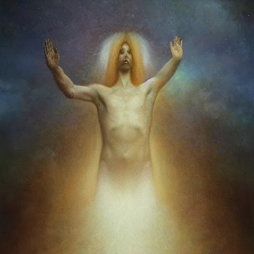 Prompt: etheric transfiguration, beautiful oil painting by Agostino Arrivabene,